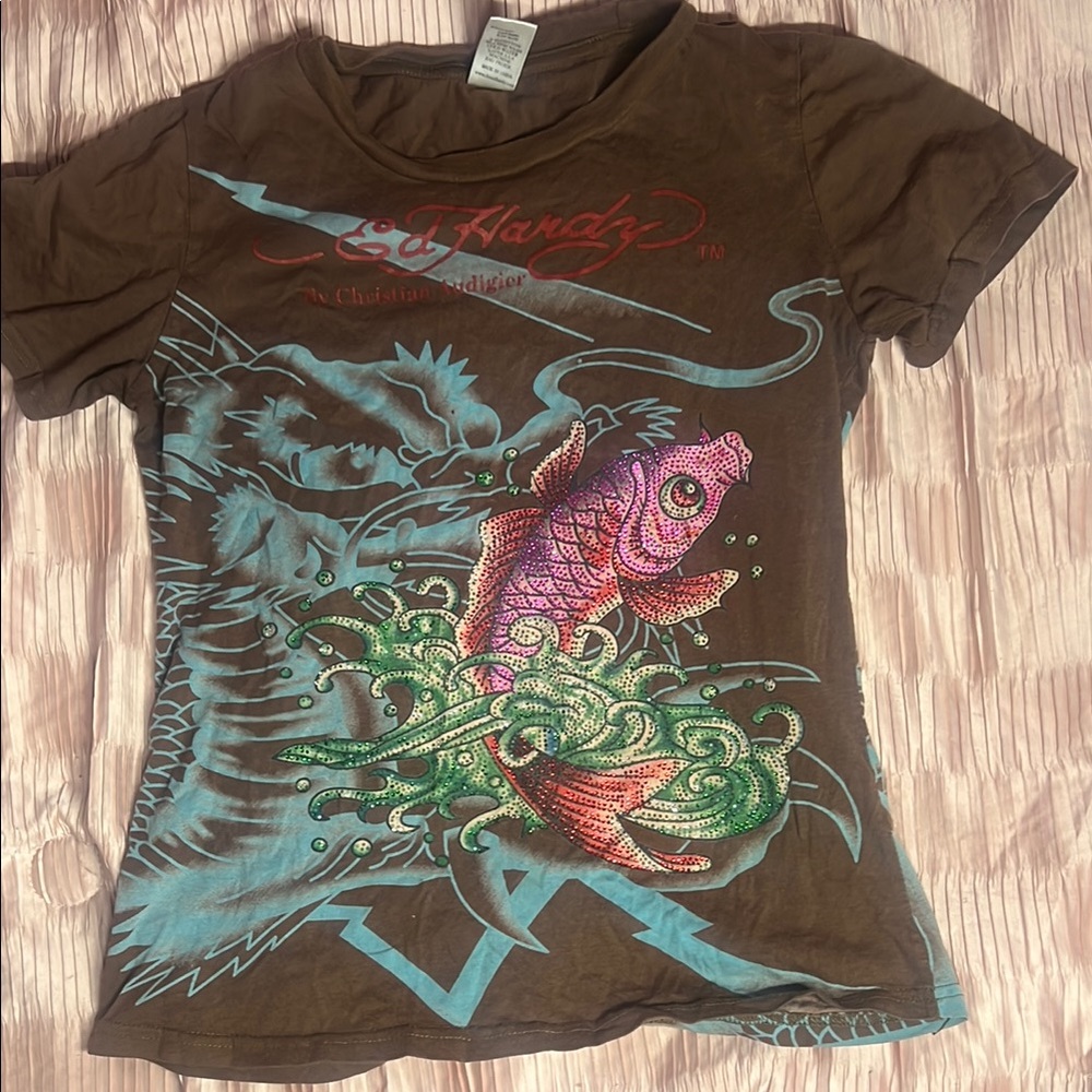 Ed Hardy Brown and Pink Fish Art Tee